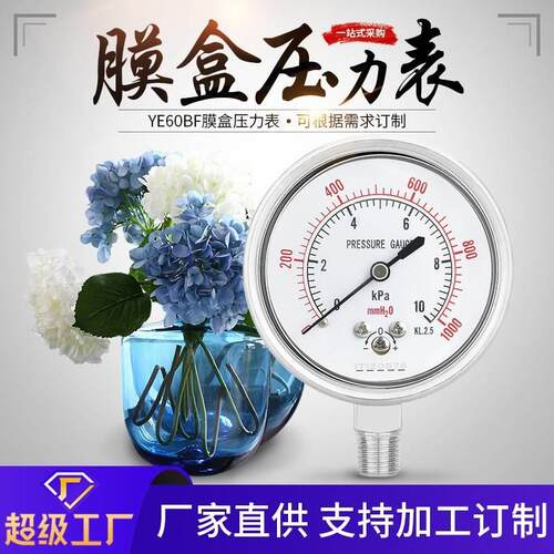 定制不锈钢膜盒压力表YE60BF耐腐蚀耐高温微压表带调零气压表燃气