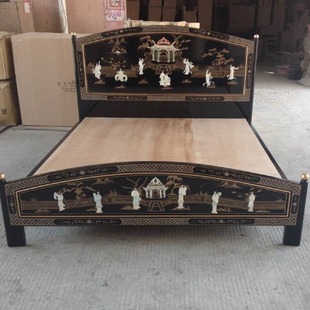 至高美卧室实木双人床螺钿工艺贝壳仕女亭台楼阁彩绘家具亮光烤漆