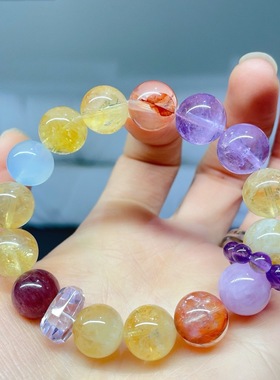 小红书原创大颗粒天然紫水晶黄水晶单圈圆珠手链多宝手串女小众