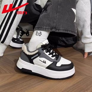 回力黑白熊猫板鞋男女款2025新款冬季加绒小白鞋防寒保暖二棉鞋子