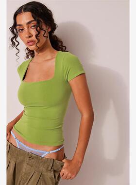 Square neck short sleeved slim fit top  方领套头短袖修身上衣