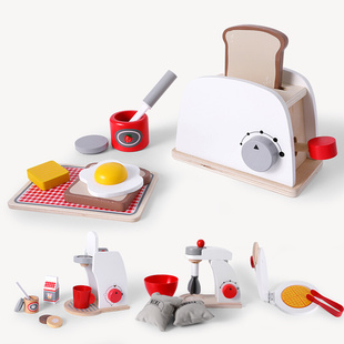 木制男女孩做饭玩具 儿童过家家厨房玩具套装 面包机搅拌机咖啡机