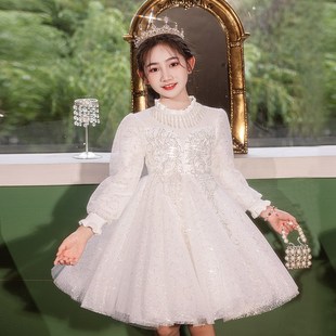 公主裙女童秋冬款白色礼服毛衣裙加绒裙子儿K童连衣裙2024新款冬