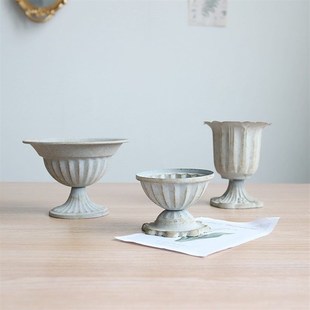 欧式 饰摆件 复古灰蓝铁艺做旧花器花盆婚庆酒店宴会花瓶家居民宿装