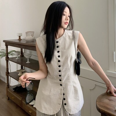 高级感亚麻单排h扣马甲上衣女外穿收腰气质法式慵懒百搭设计感背