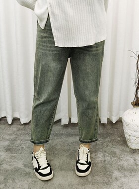 春装新品时髦大码胖nmm小直筒遮肉显瘦弹力牛仔裤复古色长裤女裤