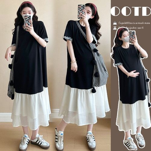 孕妇装夏天裙子中长款2025宽松大码拼接假两件T恤夏季孕期连衣裙