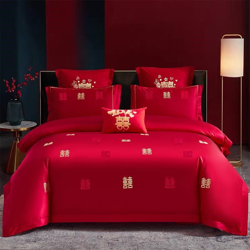 新中式200支婚庆四件套红色x纯棉刺绣六件套床单全棉结婚床上用品,床上用品,婚庆床品套件,淘宝优惠券,粉丝福利购,淘宝优惠卷