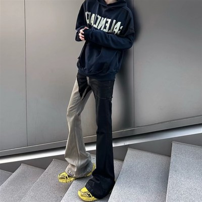 【现货】RO秀款拼接涂层刷蜡做旧破坏阔腿喇叭叠穿拖地牛仔裤男潮