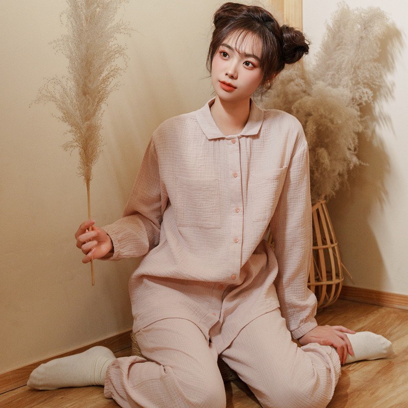 睡衣女春秋夏季纯棉纱布长袖薄款休闲可外N穿全棉家居服套装纯色