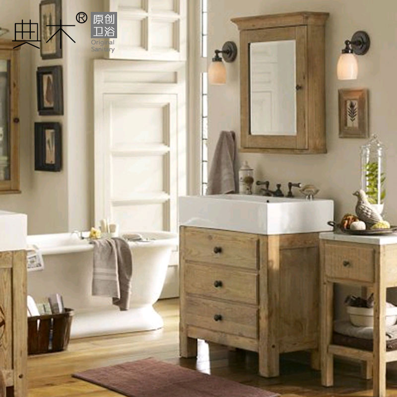 实木美式浴室柜洗脸盆柜日式洗手盆柜组合侘寂风卫生间洗漱台定制