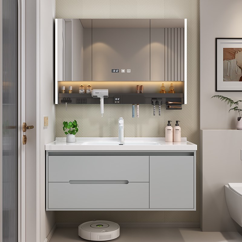 智能橡木门板浴室柜陶瓷一体盆洗手洗脸盆柜组合实木洗漱台挂墙式