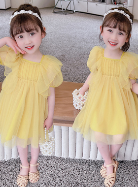 女童连衣裙夏季20l23新款洋气时髦儿童纱裙小童公主裙黄色裙子夏
