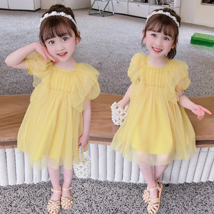 女童连衣裙夏季20l23新款洋气时髦儿童纱裙小童公主裙黄色裙子夏