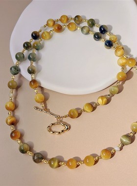 梦幻虎眼石天f然石手工串珠项链女新款百搭复古高级感小众毛衣链