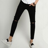 乞丐破洞修身 韩版 9分铅笔裤 男显瘦搭弹力男士 子显瘦纯黑色九分裤