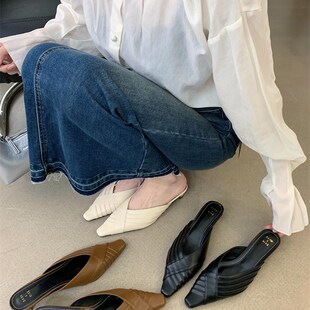 2024年春夏新款 女 尖头褶皱V口低跟半拖中跟气质休闲舒适包头拖鞋