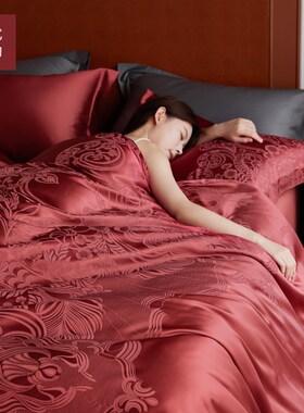 轻奢结婚大红色四件套1q00支纯棉高级感缎面高端婚礼婚房床上用品
