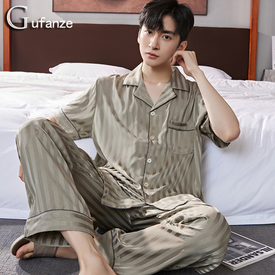 男士睡衣夏季冰丝短袖长裤男款春秋款家居服夏款薄款丝绸2023新款