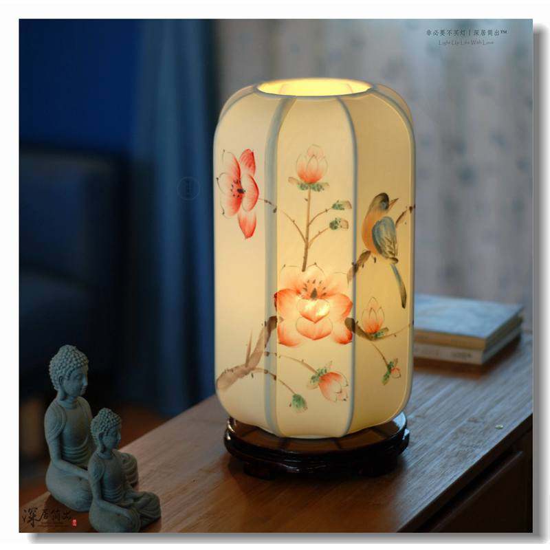 新中式手绘花鸟台灯古风卧室装饰真丝布艺床头氛围灯小夜灯可充电