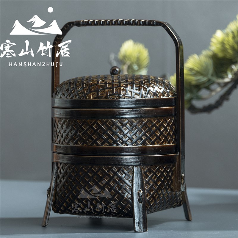 邱峰竹编邱师傅竹木THp004纯手工编织大漆四脚双层小提盒复古提篮