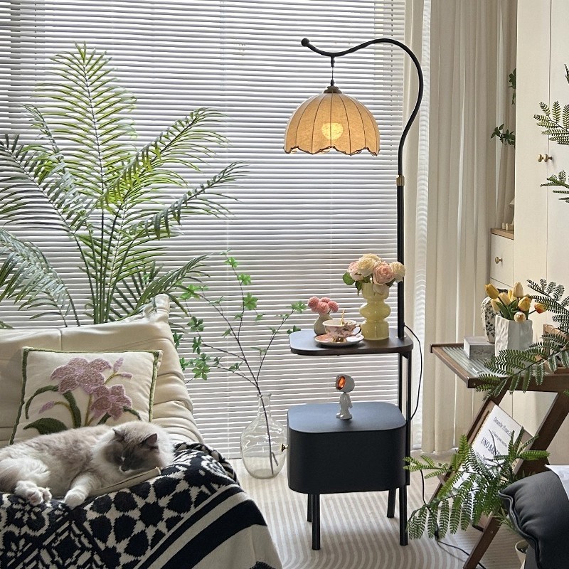 中古风落地灯卧室床头柜台灯一体客厅F沙发旁边置物架氛围感钓鱼