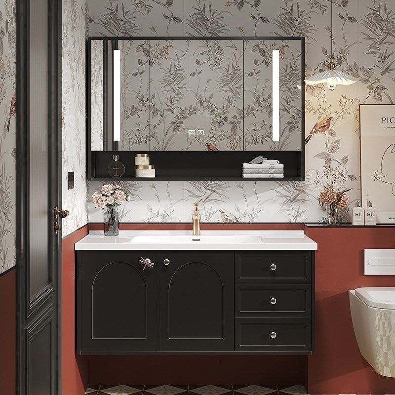 法式复古橡木烤漆浴室柜组合陶瓷一体盆小户型卫生间洗手洗脸盆柜