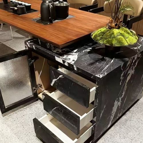 新中式北美黑胡桃木茶桌椅组合高端轻奢岩板白蜡木茶台茶室泡茶桌