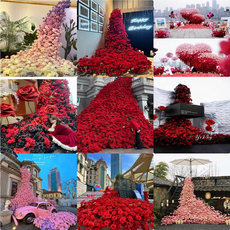 七夕玫瑰花瀑布墙布置仿真假w红花婚庆情人节花束网红打卡造景背