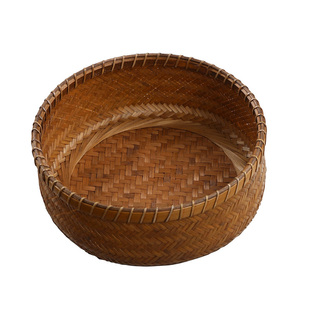 手工竹编果篮 复古中式家用圆形零食收纳筐 干果盘编织托盘馒头筐
