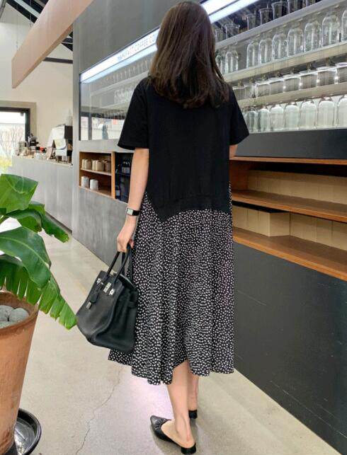 夏季加肥大码假两件连衣裙雪纺拼接220斤宽松藏肉显瘦过膝长裙潮