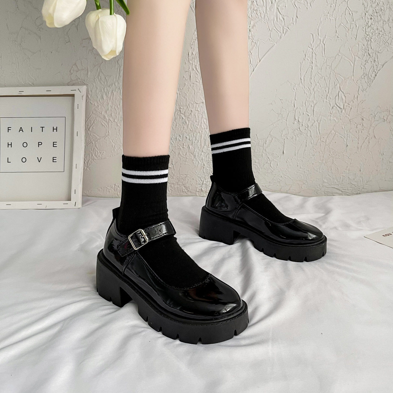shoeswomen圆头粗跟一字