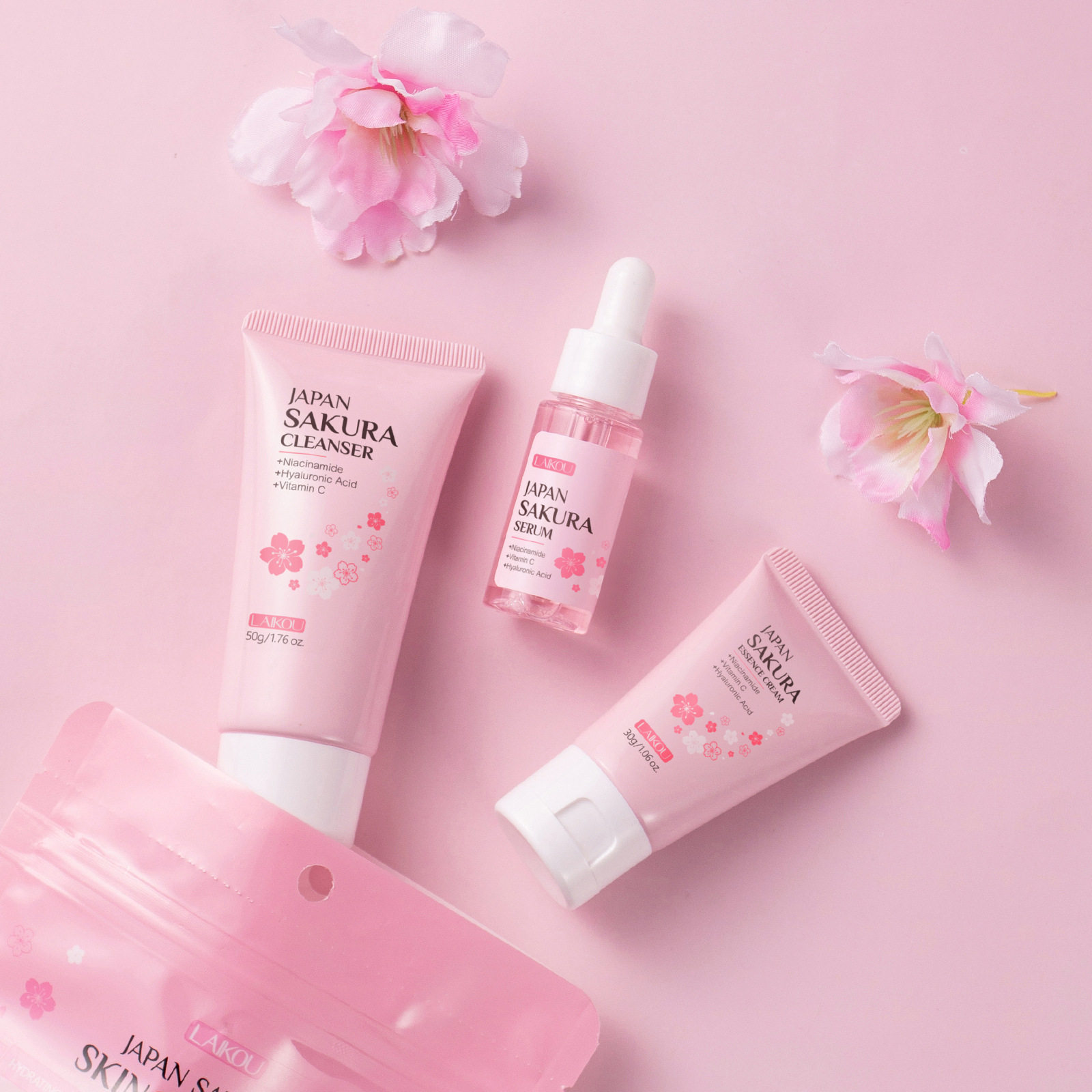 跨境莱蔻日本樱花护肤套装3件套洗面奶精华液精华霜FDA护肤品套盒
