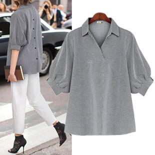 新款中袖大码女装欧美风上衣宽松休闲遮肉显瘦气质V领格子衬衫女