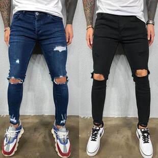 Skinny Black Trousers Ripped Biker Pants Jeans Man Men Blue