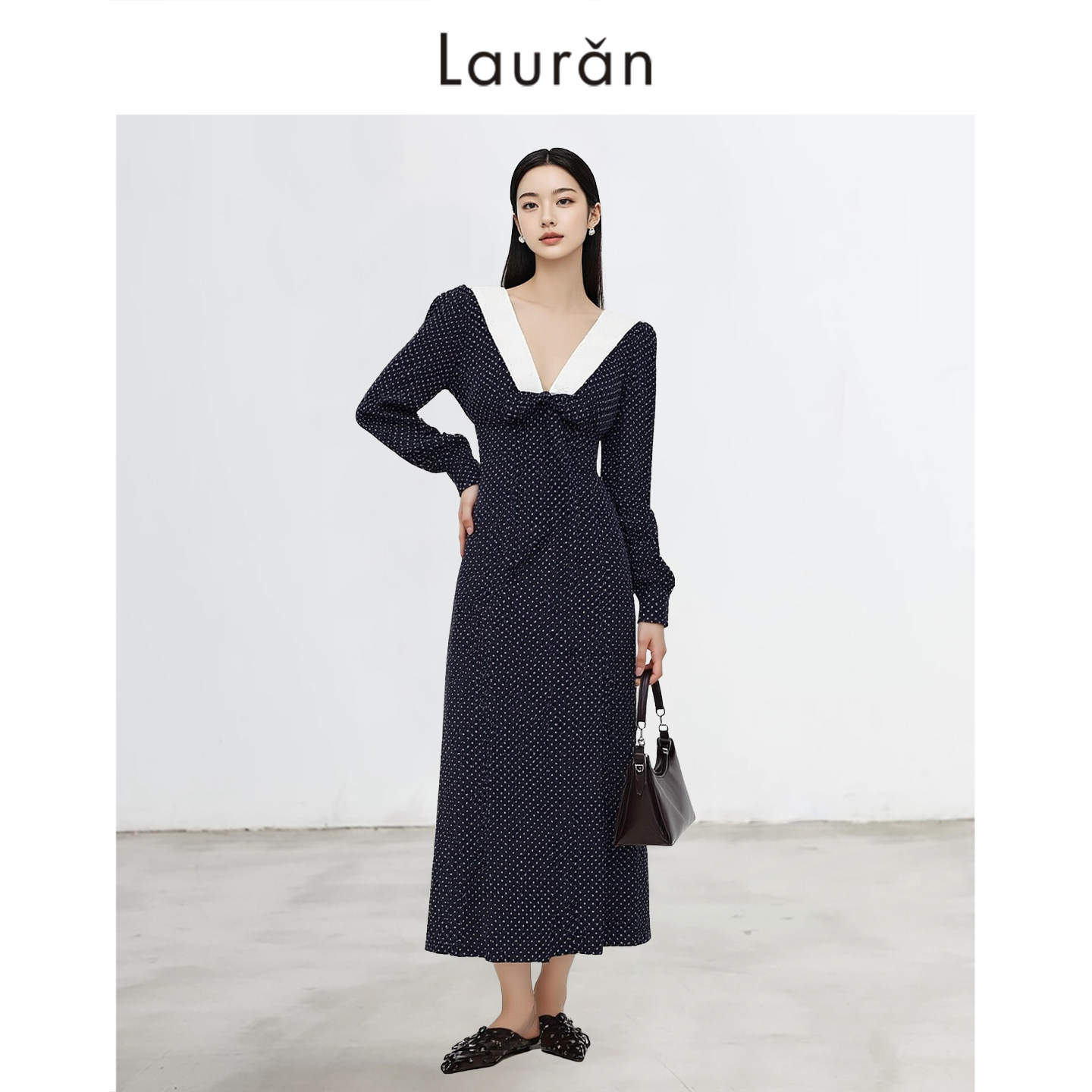 高允真同款大v领法式波点连衣裙女26年春季薄款长袖收腰气质长裙