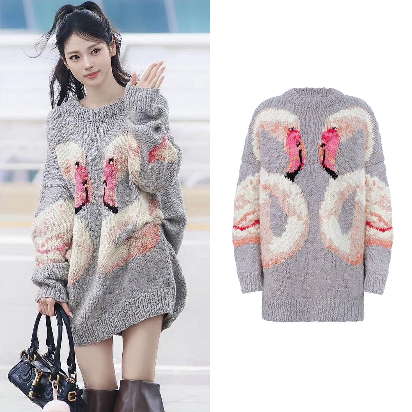 韩系爆款灰色套头火烈鸟毛衣女冬