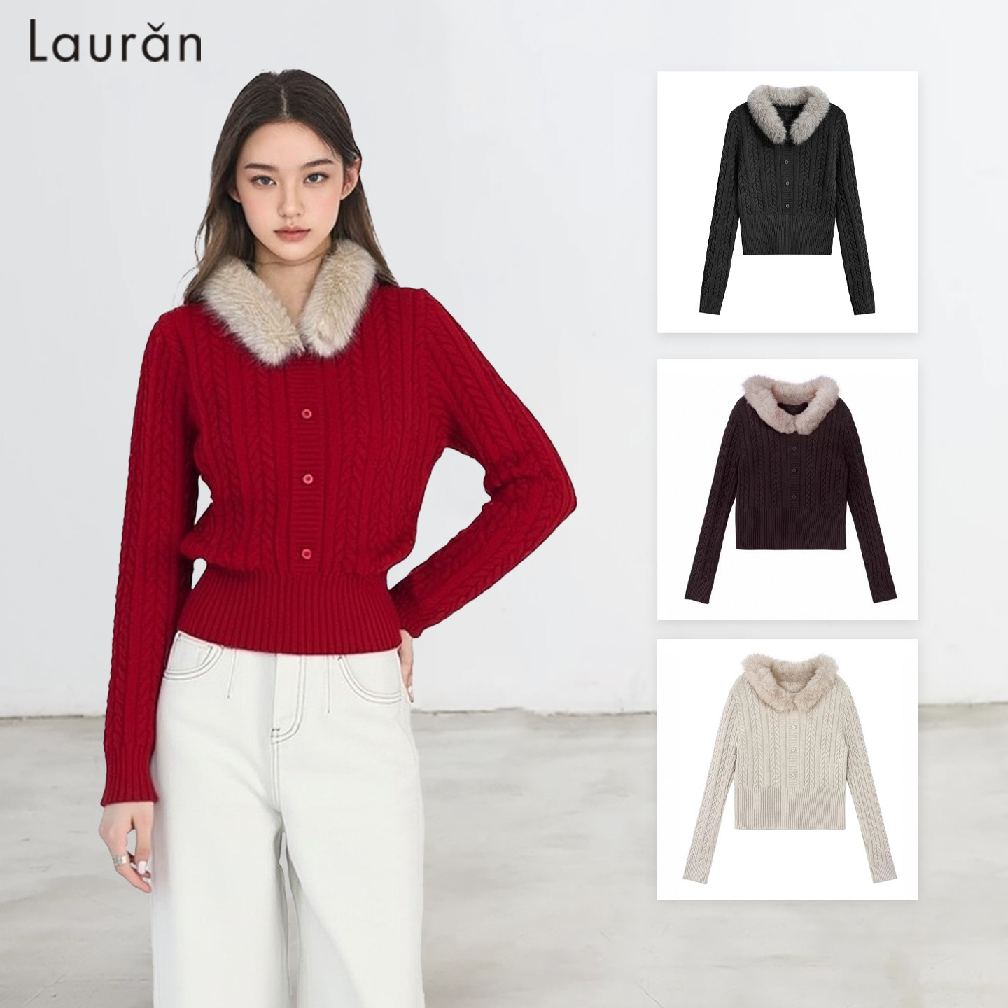 Lauran*氛围感韩系毛领针织开衫女可拆卸设计长袖内搭毛衣短上衣,女装/女士精品,毛针织衫,淘宝优惠券,粉丝福利购,淘宝优惠卷