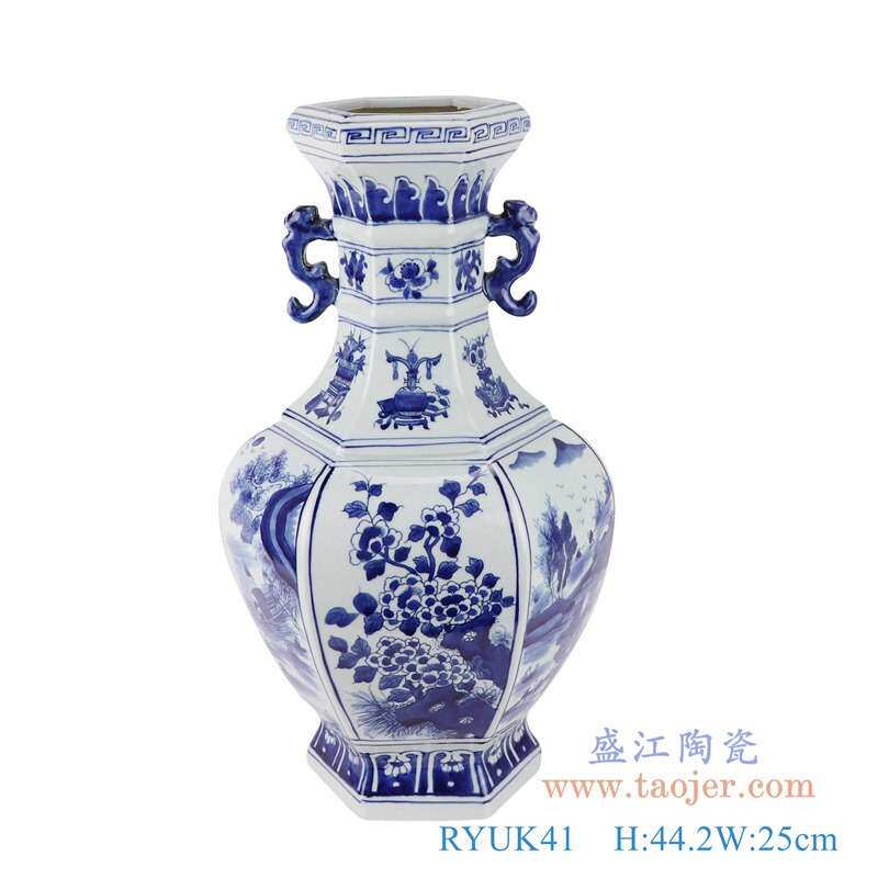 景德镇仿古青花双耳六方山水菊花花瓶瓷器摆设陶瓷插花装饰品摆件