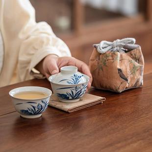 仿古灰手绘兰花旅行茶具套装新中式一人饮盖碗便携户外露营茶快客