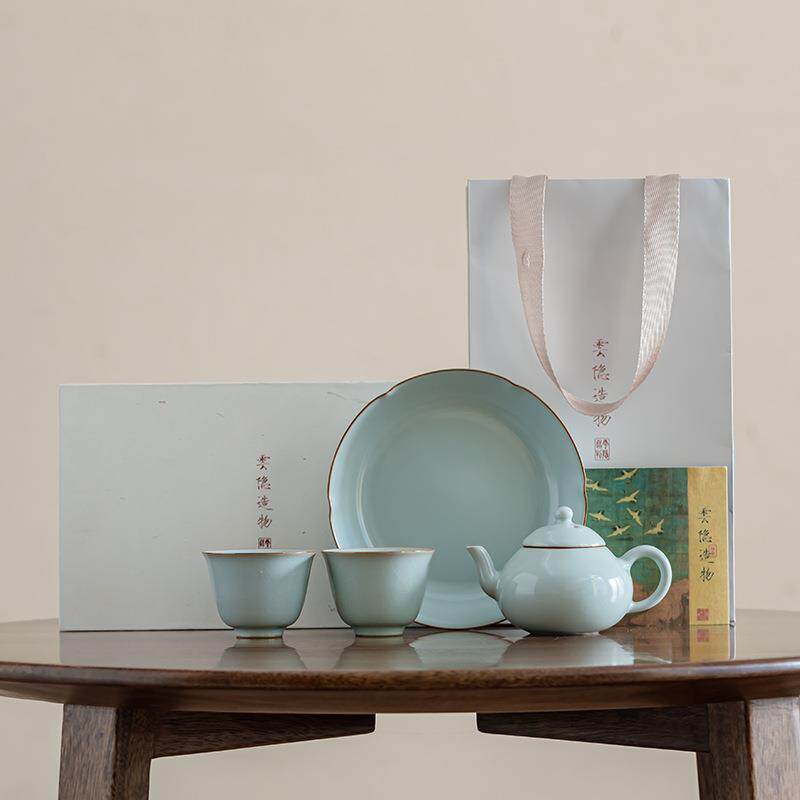 天青汝窑旅行茶具便携式套装一壶两杯汝瓷梨壶天青二人功夫快客杯