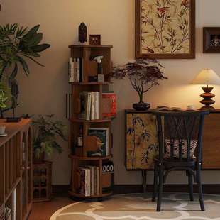 可旋转书架小户型书桌旁可移动实木书柜中古风大容量不占地置物架