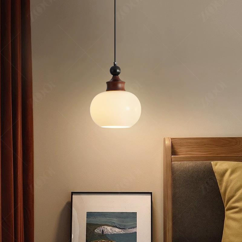 中古风卧室床头吊灯法式复古白蜡木单头柿子灯设计师创意餐厅灯具