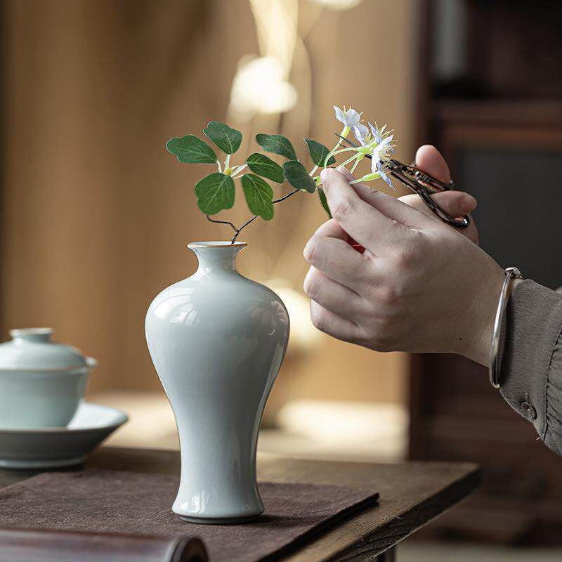 皓澜陶瓷汝窑花瓶瓷器中式简约高档天青色客厅插花装饰摆件