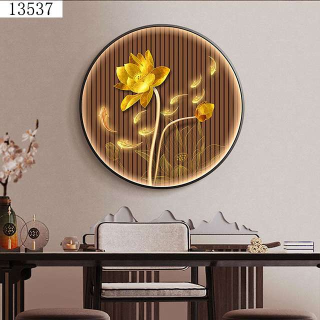 新中式荷花装饰画玄关立体圆形壁画茶室带灯挂画莲花墙面图片