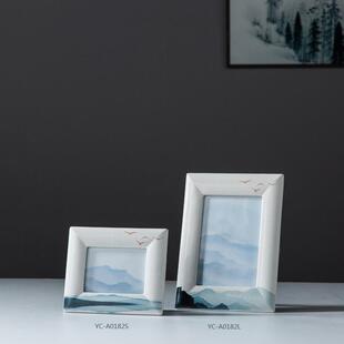 长方形陶瓷相架水墨山影相框三件套配饰摆件白瓷陶瓷艺术相框