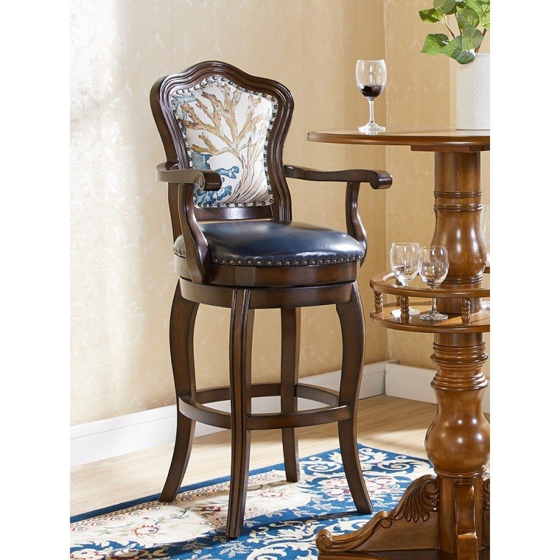 美式吧台椅欧式高脚凳家用实木酒吧椅复古旋转靠背椅轻奢高椅