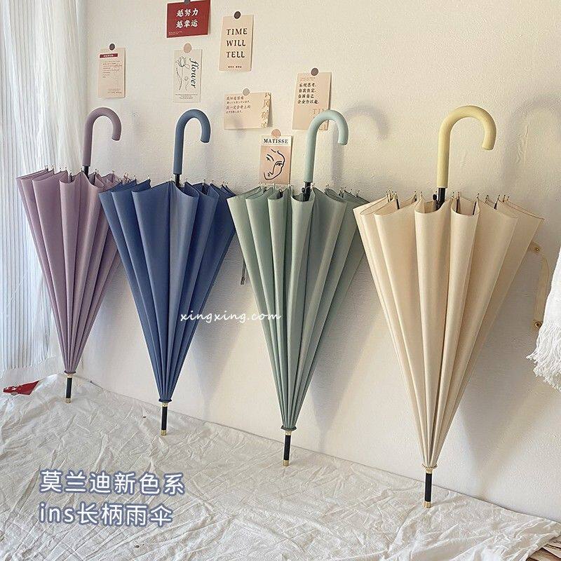 16骨长柄小清新雨伞加固大号双人结实男女长杆自动弯手柄配色雨伞
