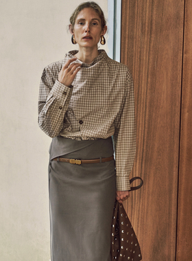 SELAH 复古格纹荡领长袖衬衫12B25088Z10