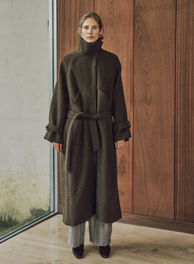 SELAH 立领系带羊毛大衣 深棕廓形小众设计感长款 25V25293Z10
